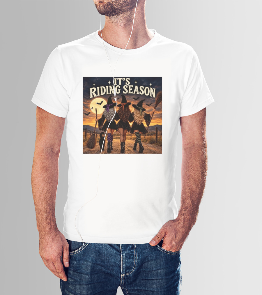 Halloween Witches With Brooms Under Full Moon And Black Cats T-Shirt