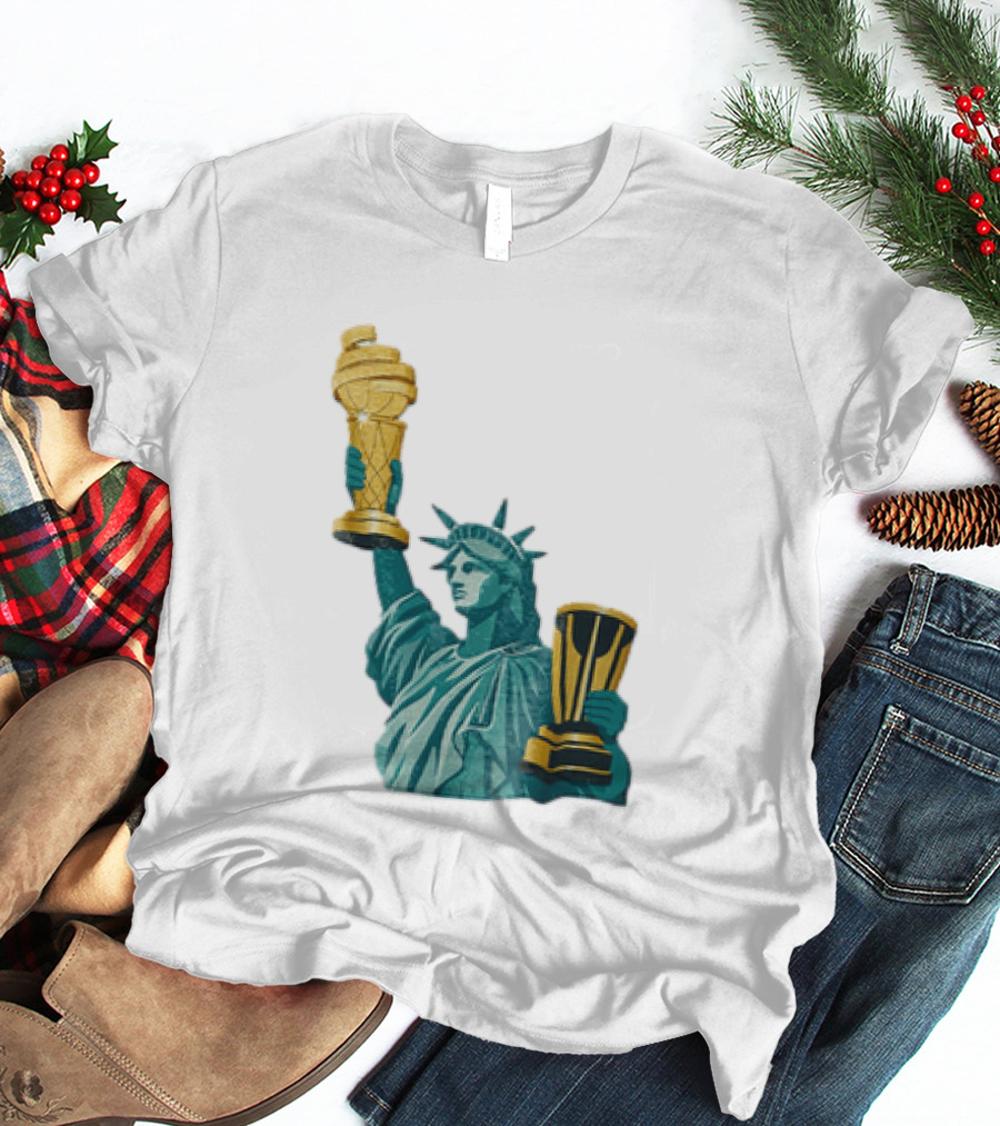 Lady Liberty Holding Dual Championship Trophies Soccer And Basketball T-Shirt