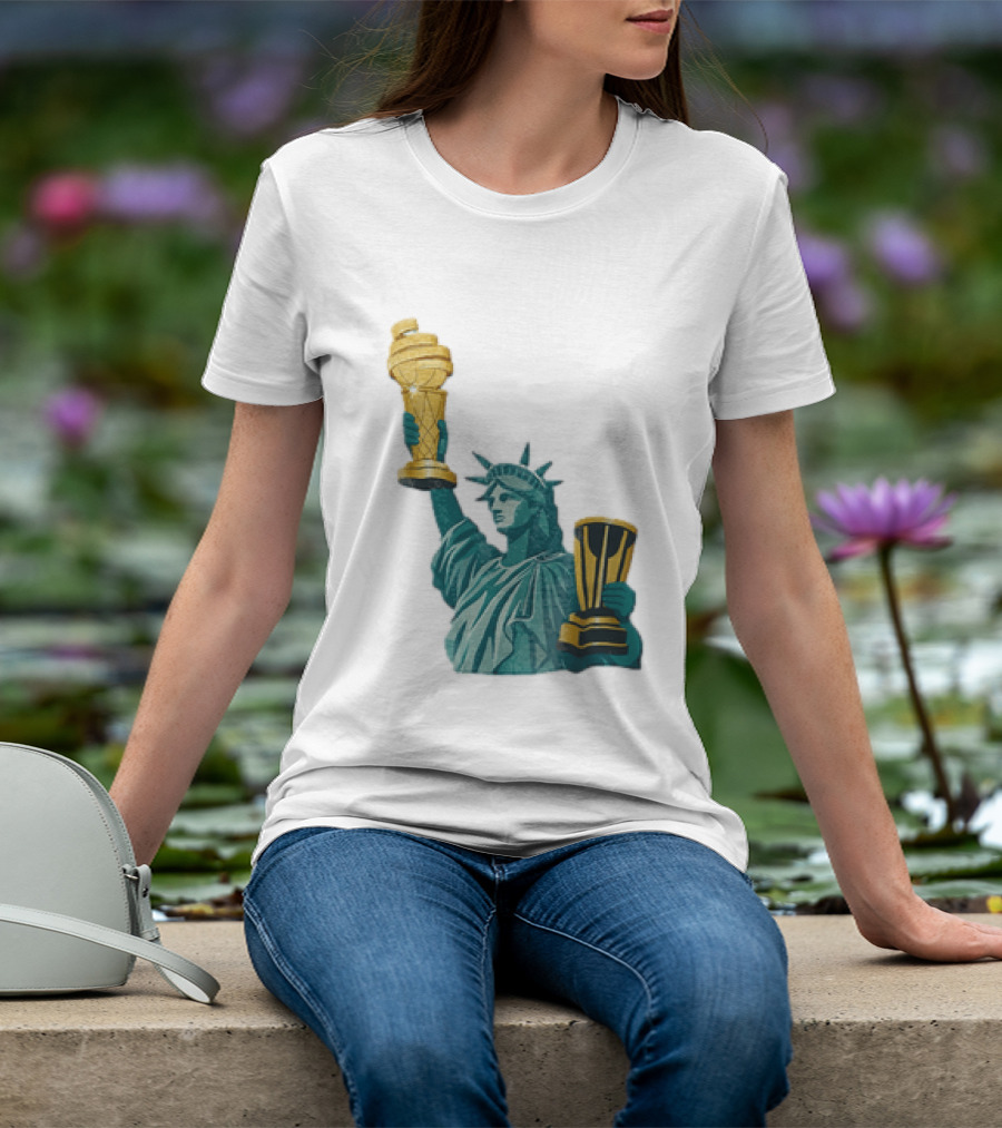 Lady Liberty Holding Dual Championship Trophies Soccer And Basketball T-Shirt