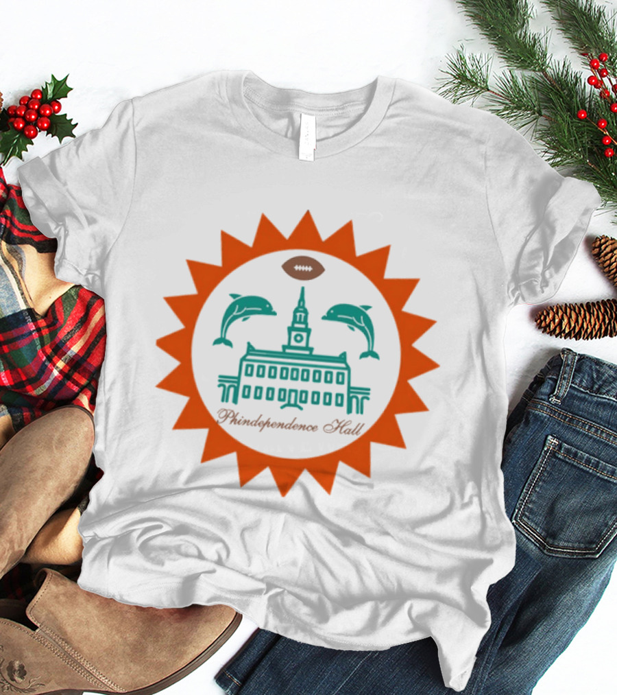 Phindependence Hall Miami Dolphins Football Emblem With Dolphins And Football Oval T-Shirt