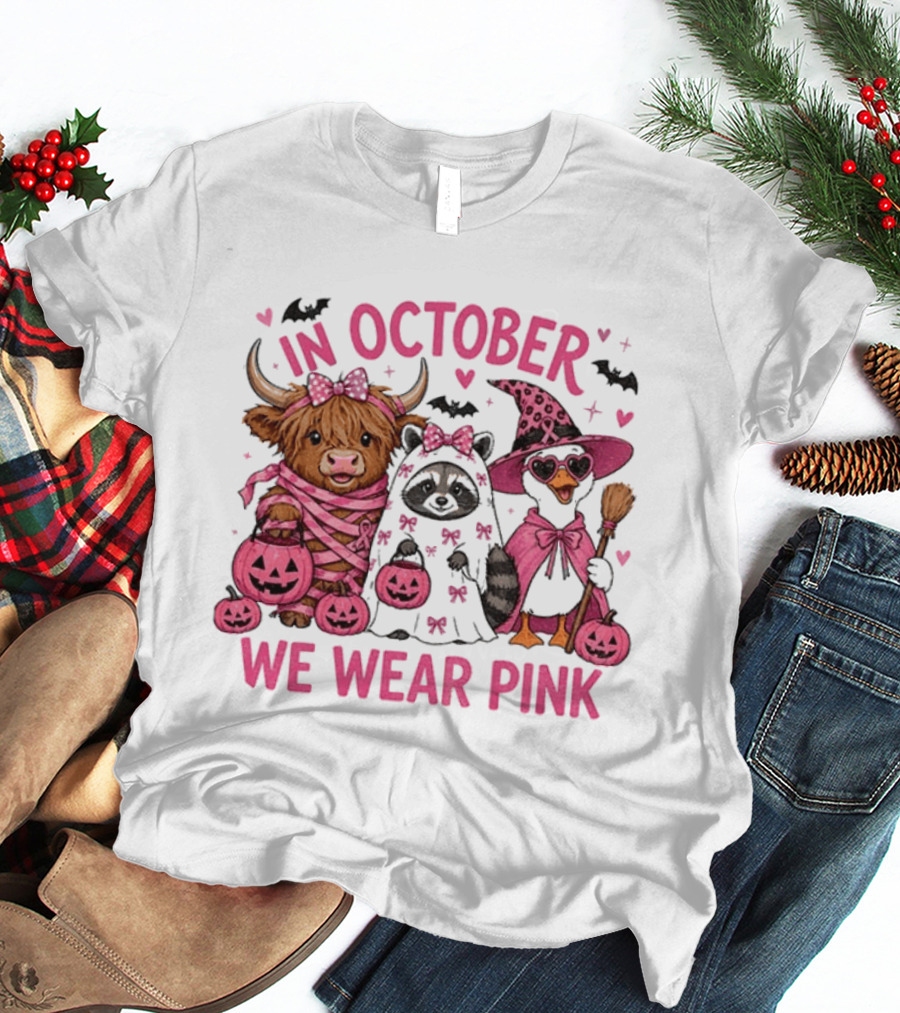 In October We Wear Pink Breast Cancer Support With Halloween Animals T-Shirt