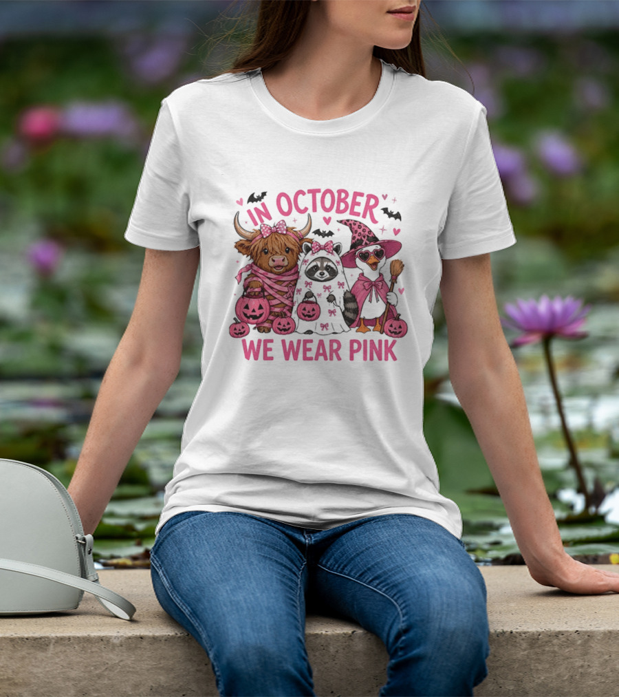 In October We Wear Pink Breast Cancer Support With Halloween Animals T-Shirt