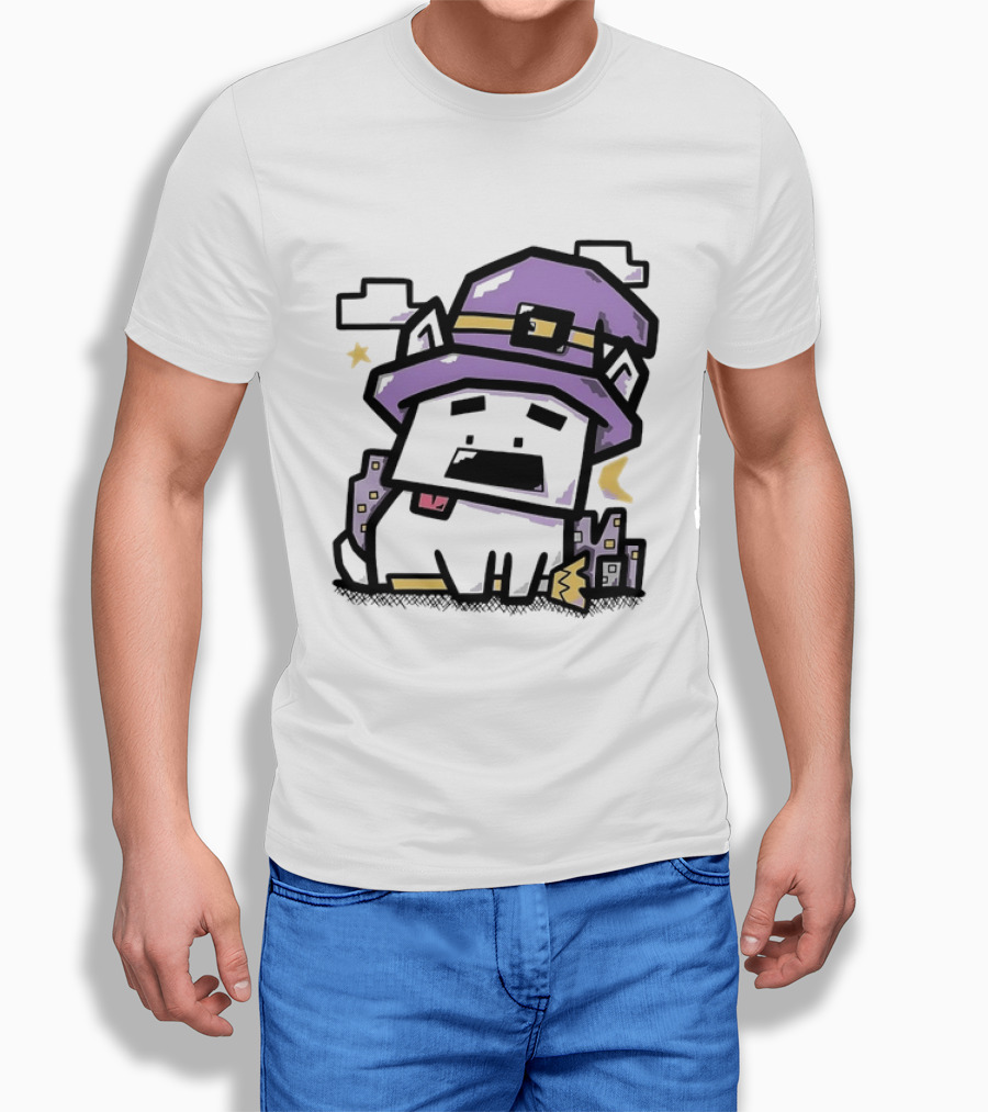 Pixel Cat Wearing Witch Hat Cute Halloween 8 Bit T-Shirt