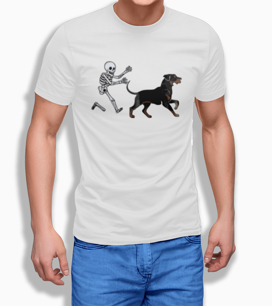 Skeleton Chasing Rottweiler With Bone In Halloween Humor Scene T-Shirt