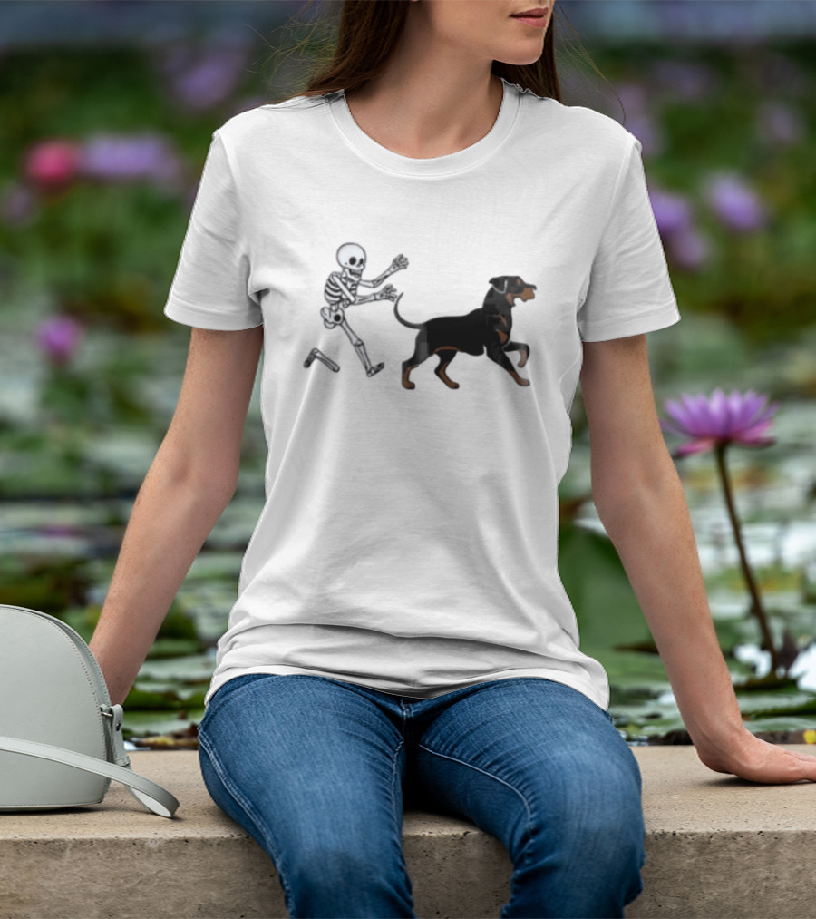 Skeleton Chasing Rottweiler With Bone In Halloween Humor Scene T-Shirt