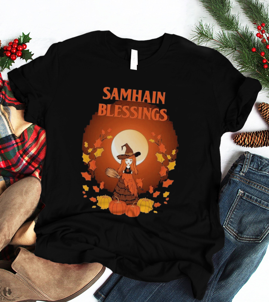 Samhain Blessings Little Witch And Pumpkin Magic Halloween T-Shirt