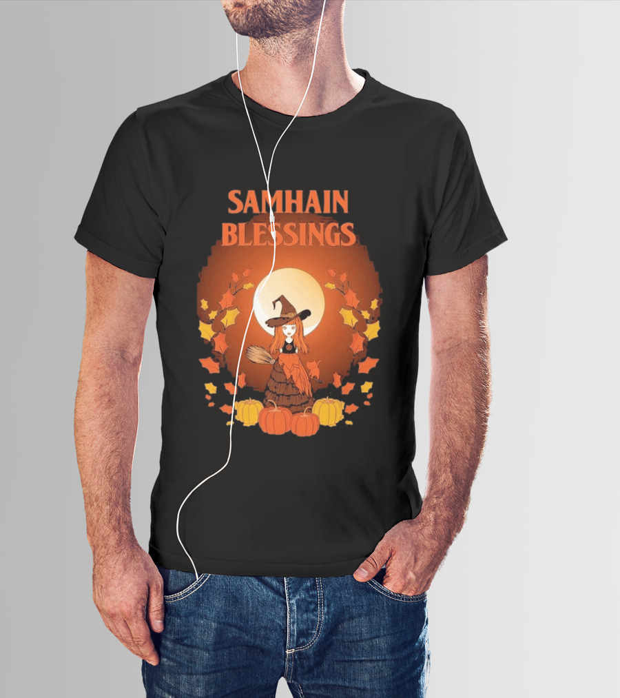 Samhain Blessings Little Witch And Pumpkin Magic Halloween T-Shirt