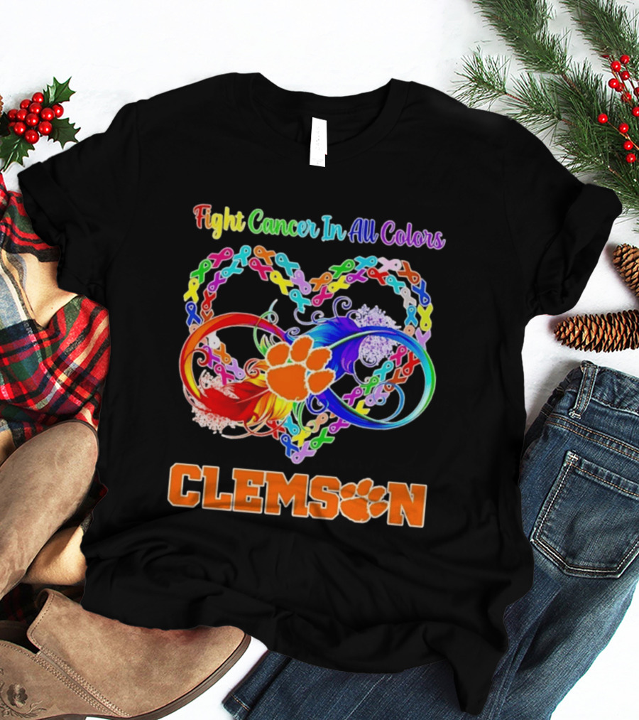 Clemson Fight Cancer In All Colors Infinity Heart Ribbon T-Shirt