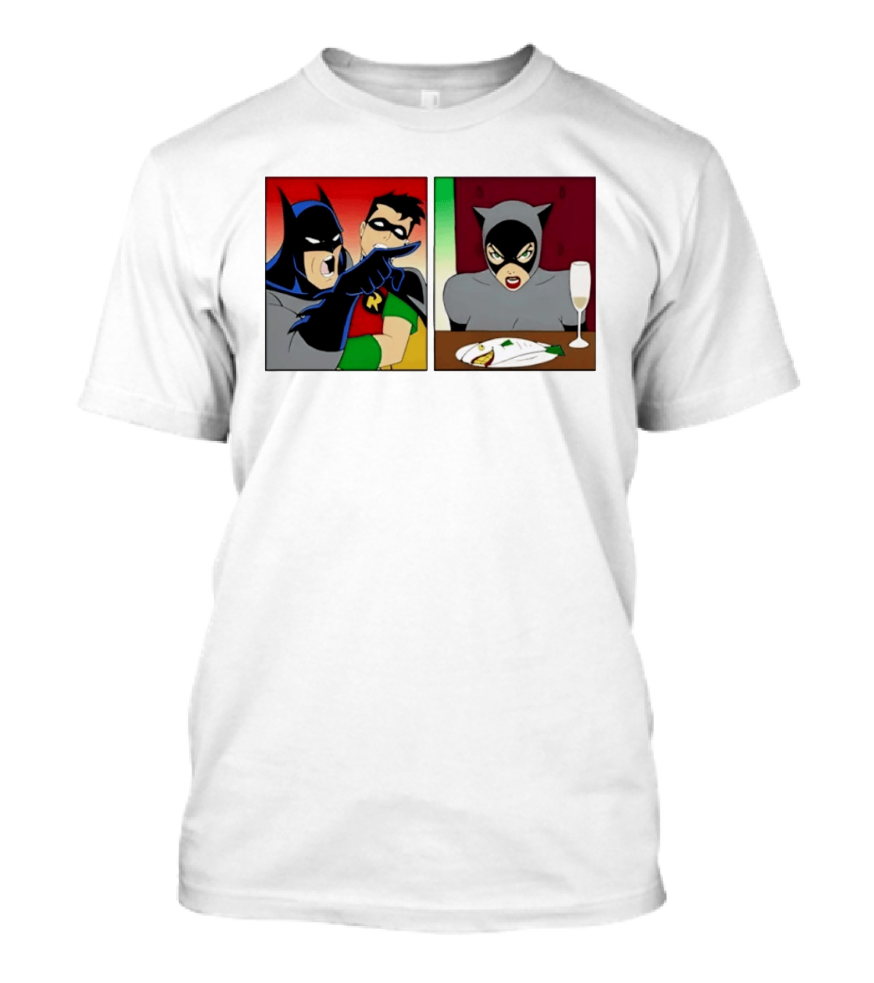 Batman Robin Yelling At Catwoman Meme Panel With Fish Plate And Wine Glass T-Shirt