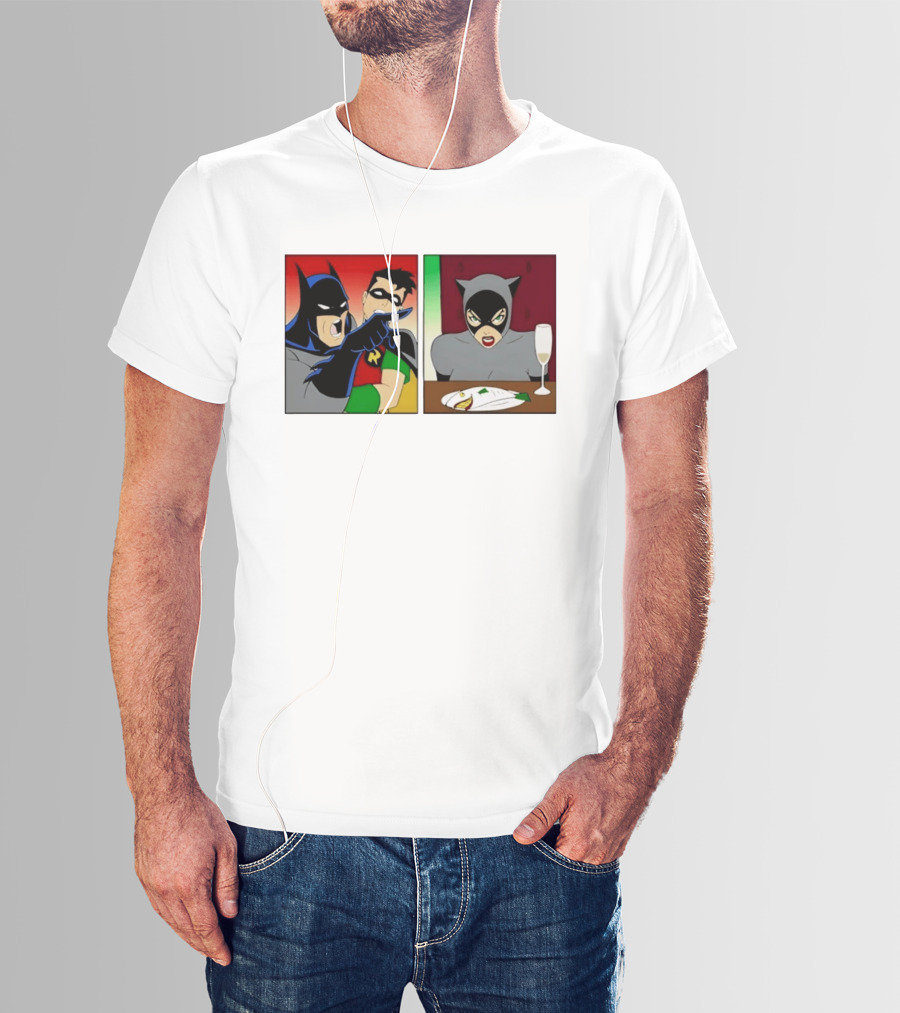 Batman Robin Yelling At Catwoman Meme Panel With Fish Plate And Wine Glass T-Shirt