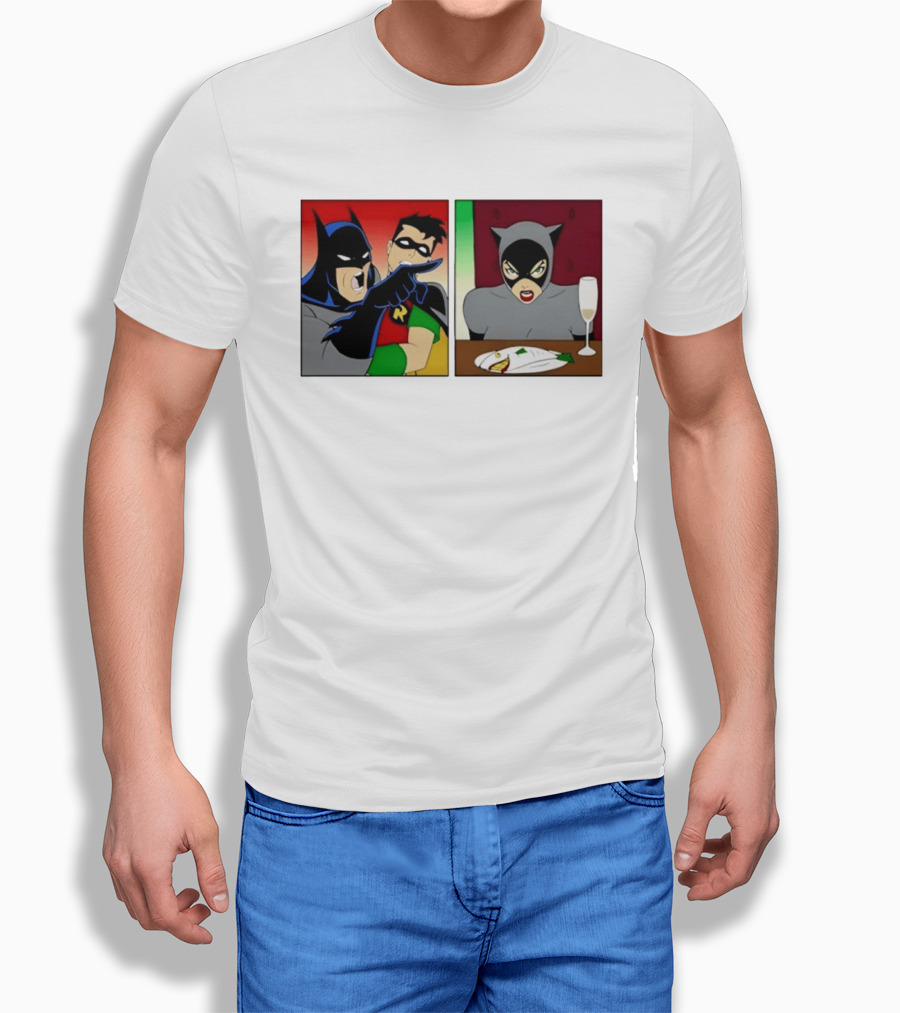 Batman Robin Yelling At Catwoman Meme Panel With Fish Plate And Wine Glass T-Shirt