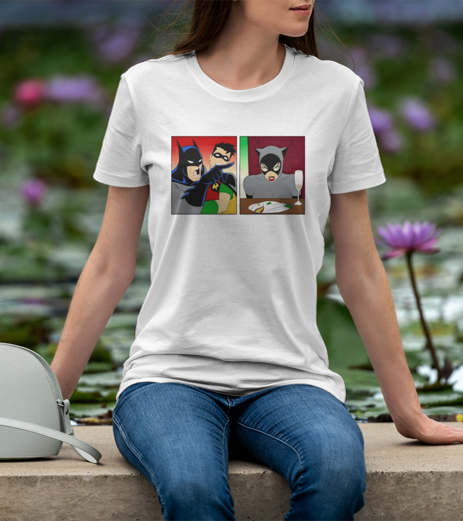 Batman Robin Yelling At Catwoman Meme Panel With Fish Plate And Wine Glass T-Shirt