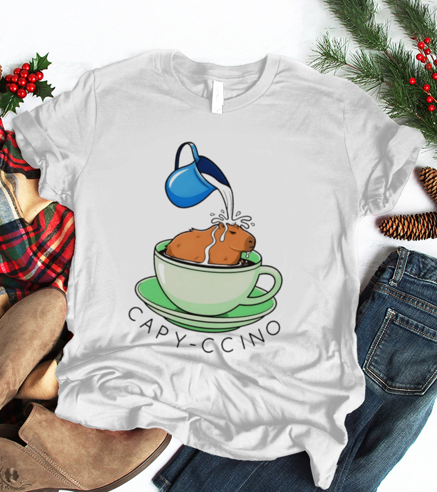 Capybara Coffee Capy Ccino In A Cup With Cappuccino Pouring Scene T-Shirt