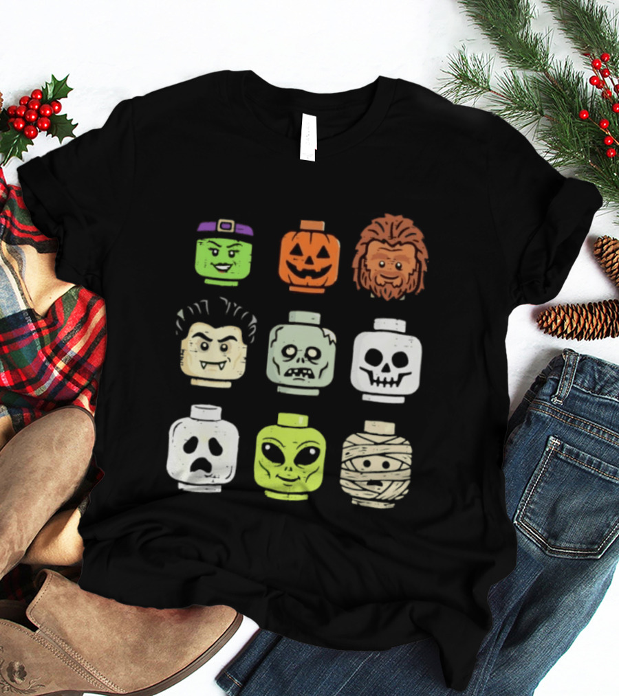 Distressed Halloween Minifigure Frankenstein Pumpkin Werewolf Dracula Zombie Ghost Alien Mummy Heads Collection T-Shirt