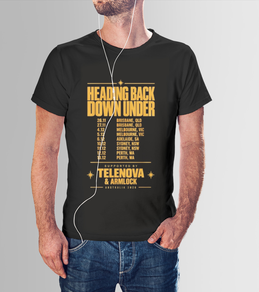 Heading Back Down Under Australia 2026 Tour Dates Brisbane Melbourne Adelaide Sydney Perth Telenova Armlock T-Shirt