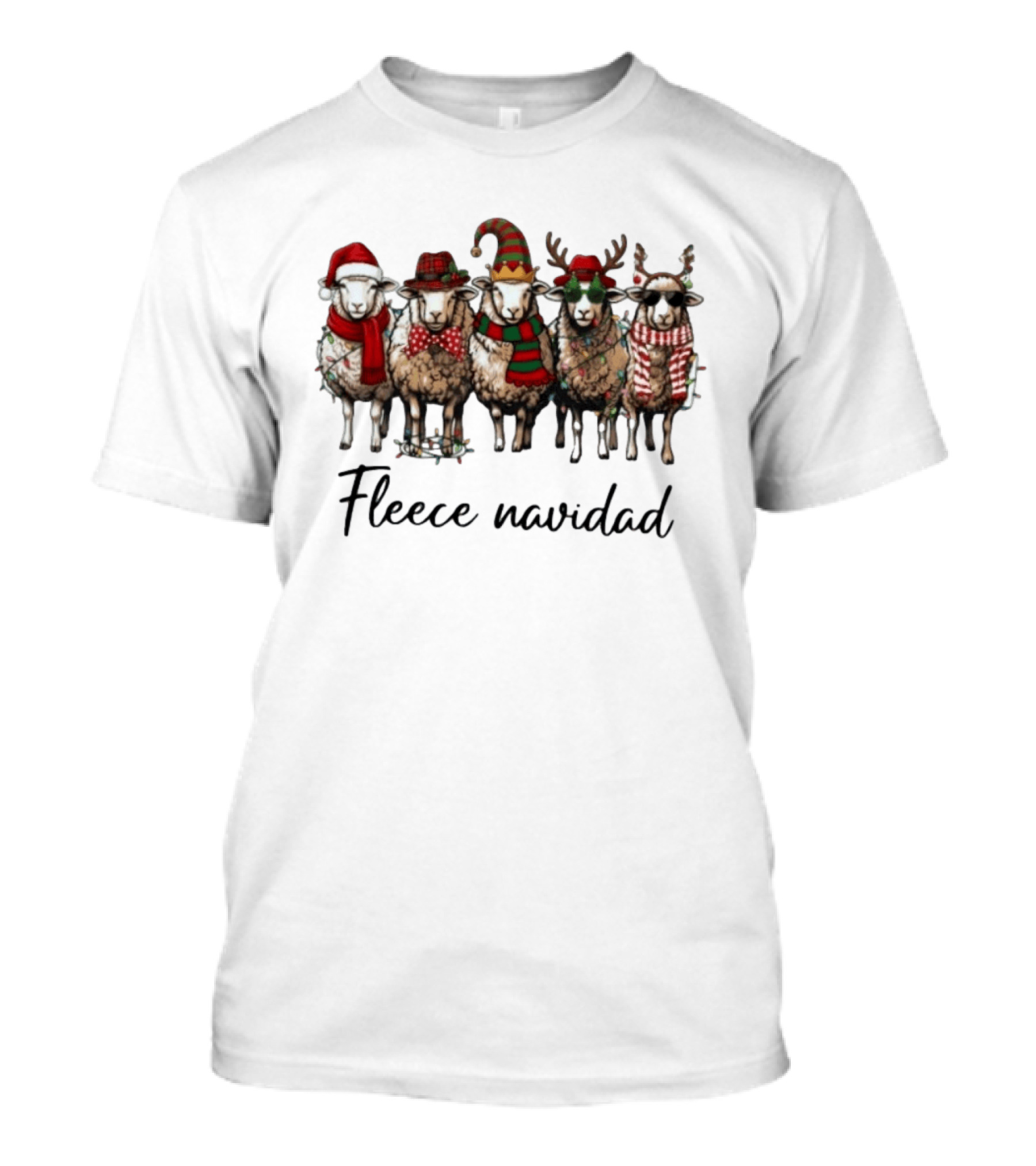 Fleece Navidad Christmas Sheep In Santa Hats Reindeer Antlers And Festive Scarves T-Shirt
