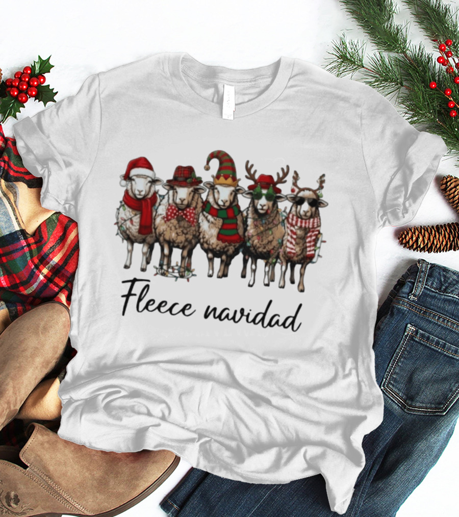 Fleece Navidad Christmas Sheep In Santa Hats Reindeer Antlers And Festive Scarves T-Shirt