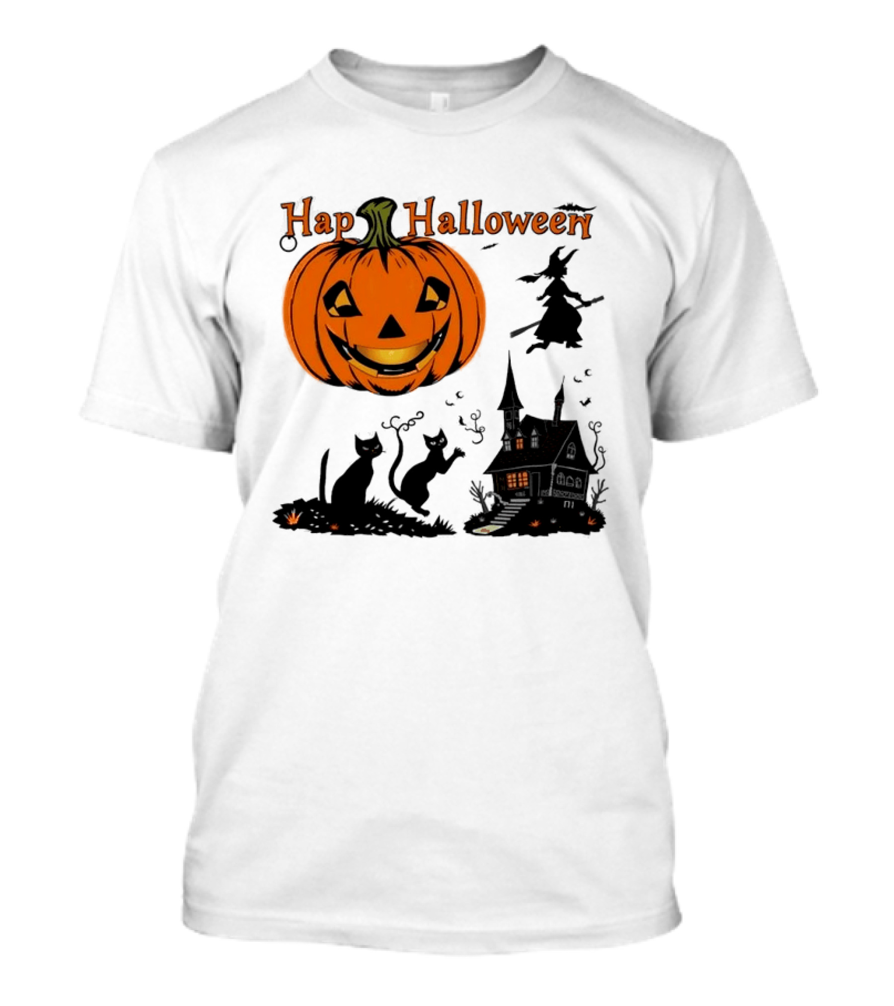 Happy Halloween Pumpkin Black Cats Witch Haunted House T-Shirt
