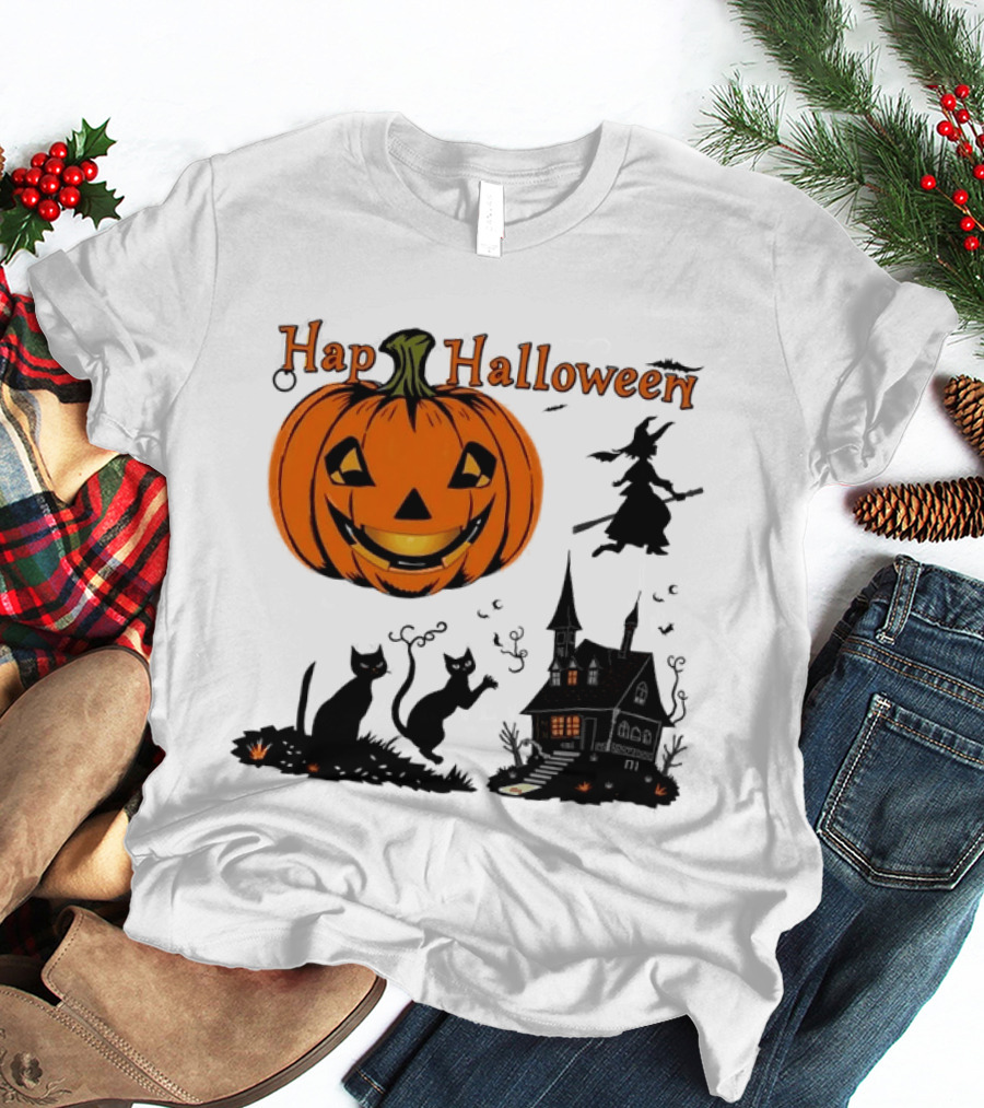 Happy Halloween Pumpkin Black Cats Witch Haunted House T-Shirt