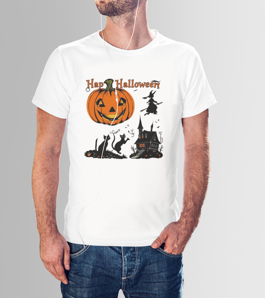Happy Halloween Pumpkin Black Cats Witch Haunted House T-Shirt