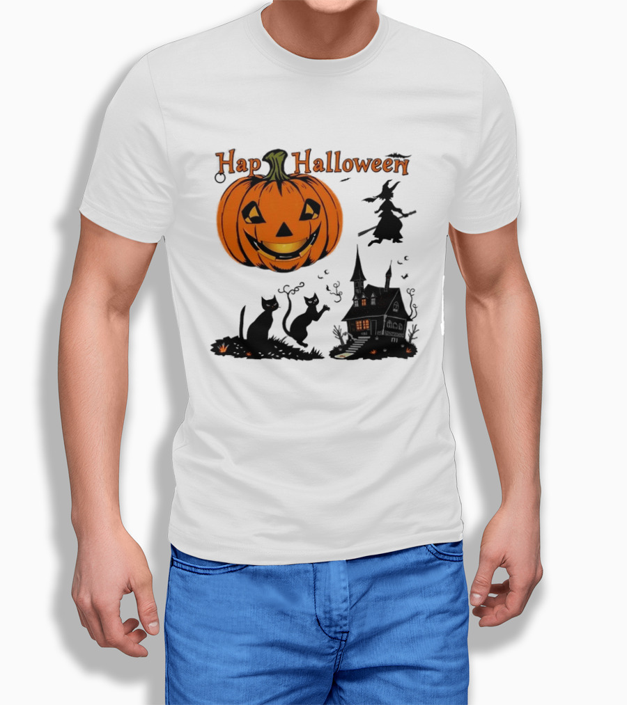Happy Halloween Pumpkin Black Cats Witch Haunted House T-Shirt