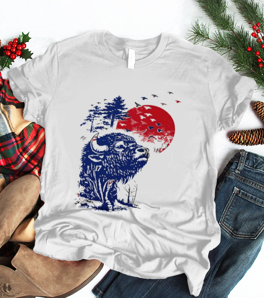 Buffalo Bills 17 Bison Sunset With Trees And Red Sun T-Shirt