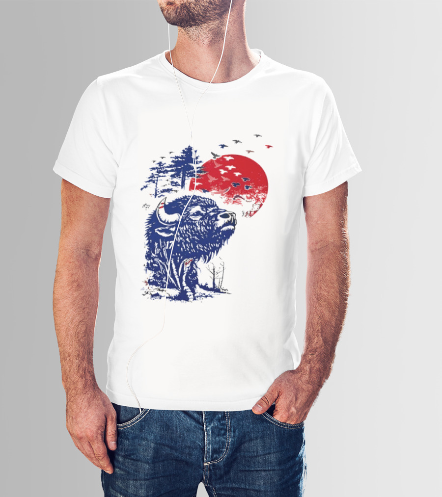 Buffalo Bills 17 Bison Sunset With Trees And Red Sun T-Shirt