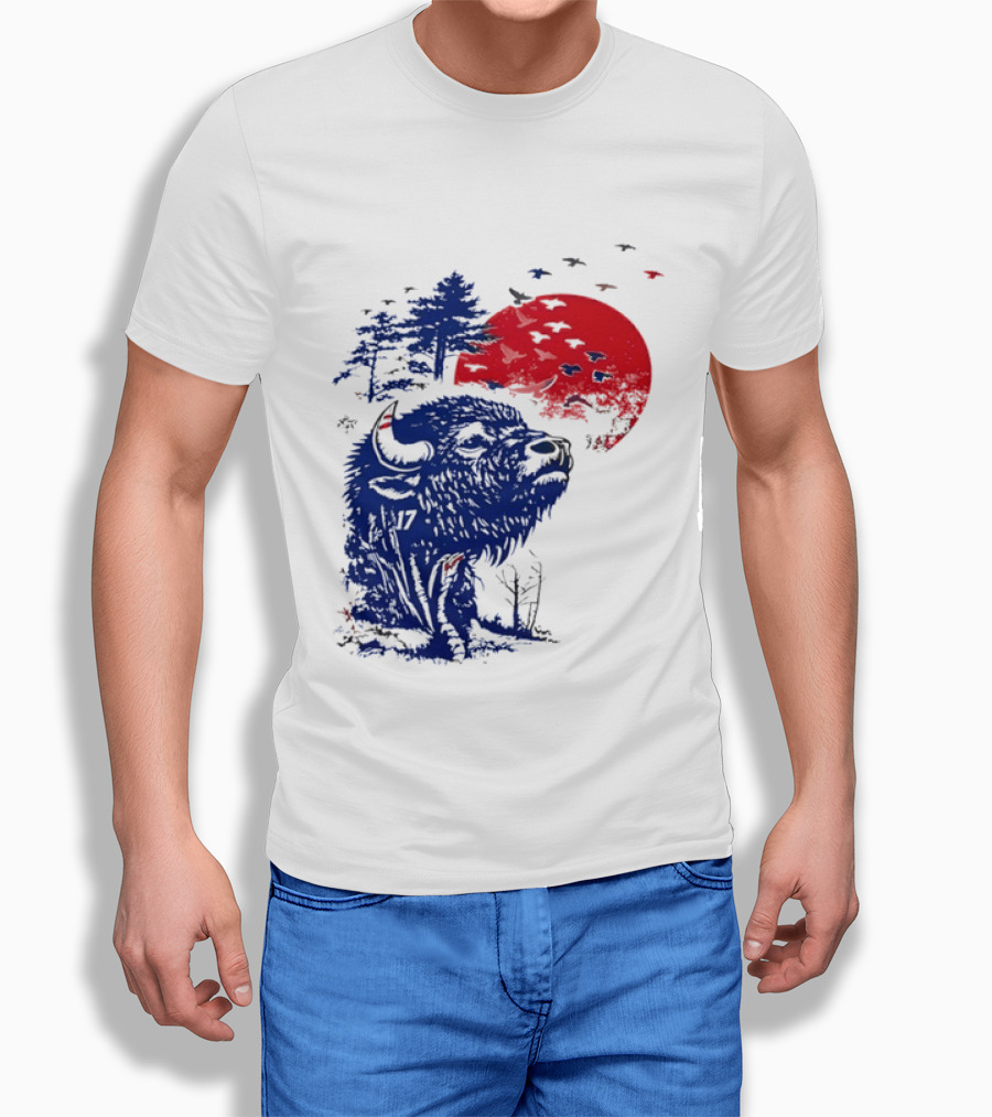 Buffalo Bills 17 Bison Sunset With Trees And Red Sun T-Shirt