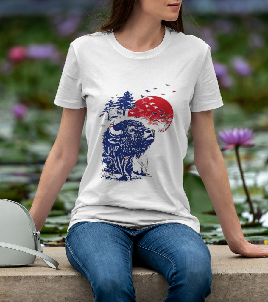 Buffalo Bills 17 Bison Sunset With Trees And Red Sun T-Shirt