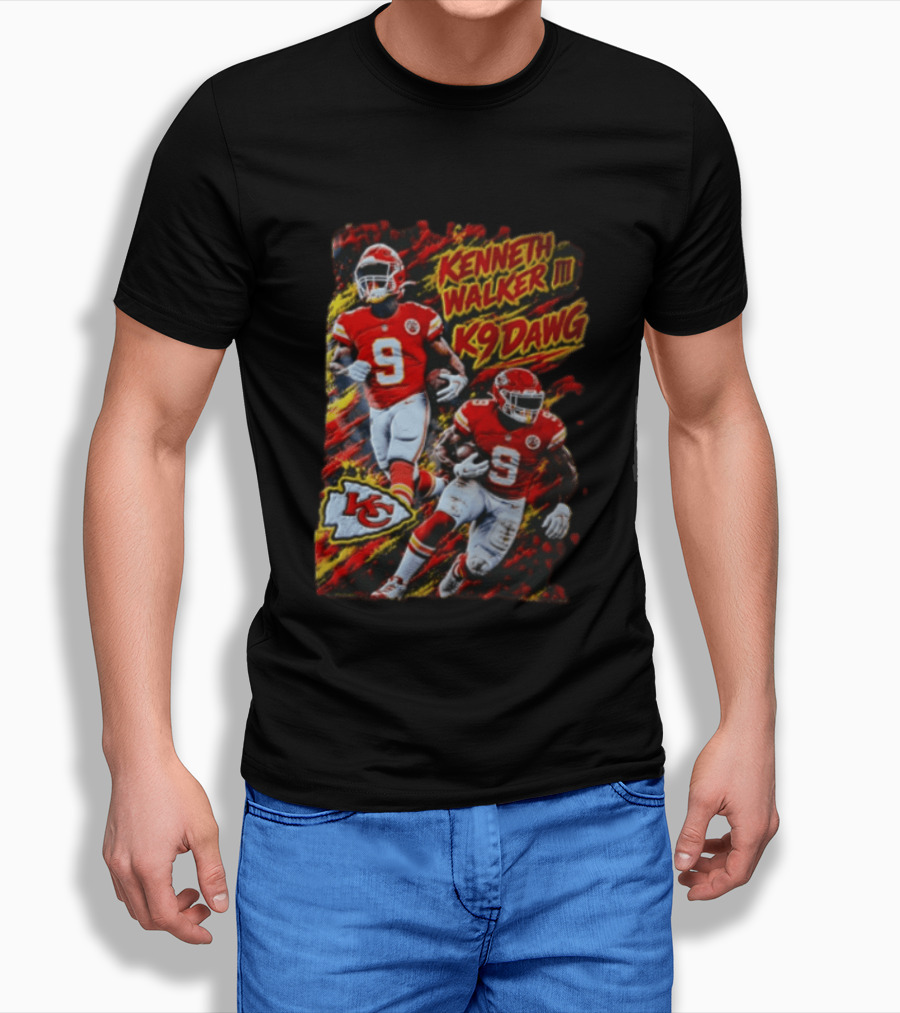 Kansas City Chiefs Kenneth Walker III K9 Dawg 9 Red Gold Football Team Fan Gear T-Shirt