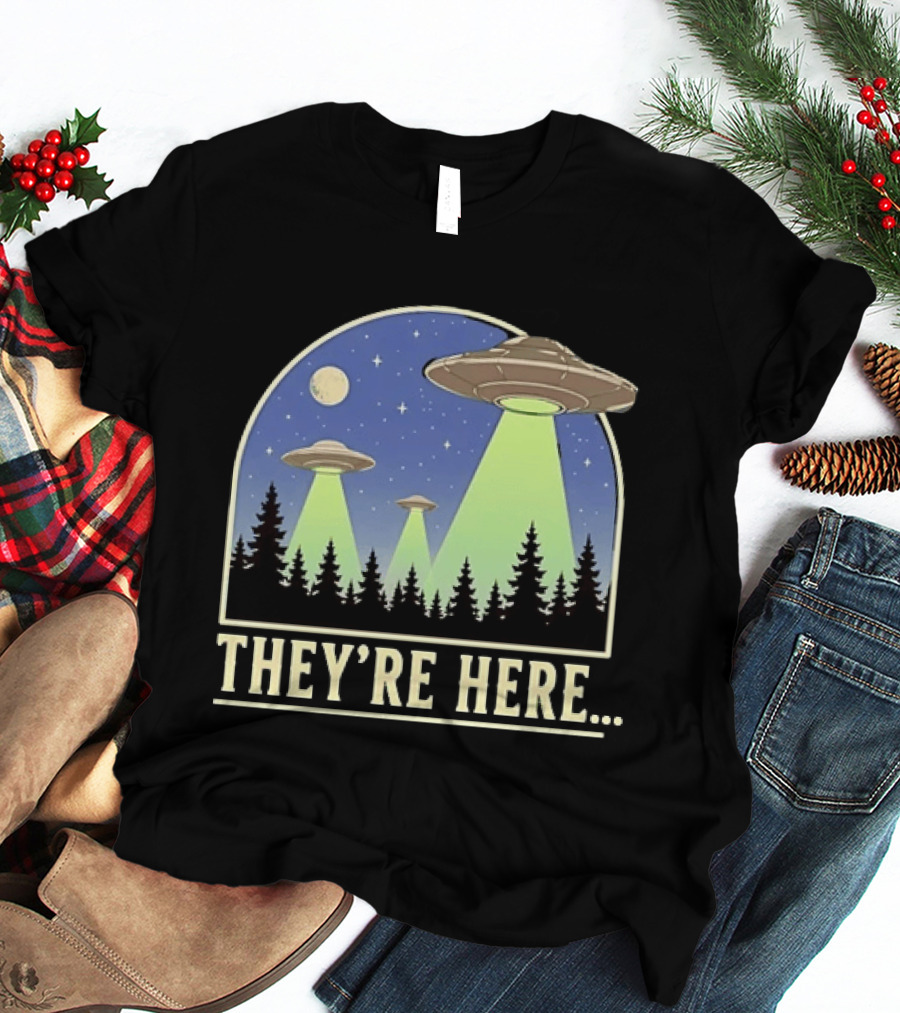 They're Here UFO Alien Abduction Night Forest Scene T-Shirt