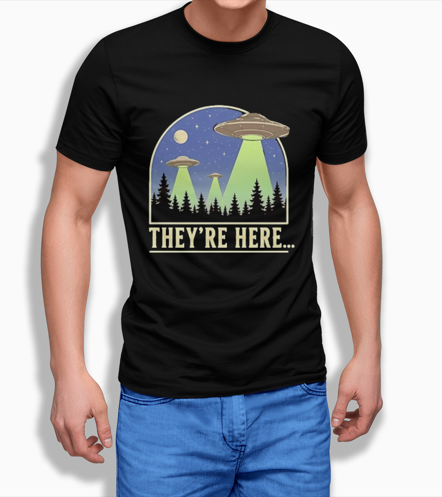 They're Here UFO Alien Abduction Night Forest Scene T-Shirt