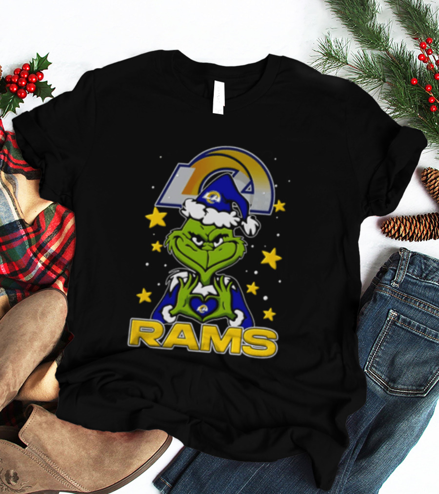 Los Angeles Rams Grinch Santa Hat Christmas Cartoon Fan Gear T-Shirt