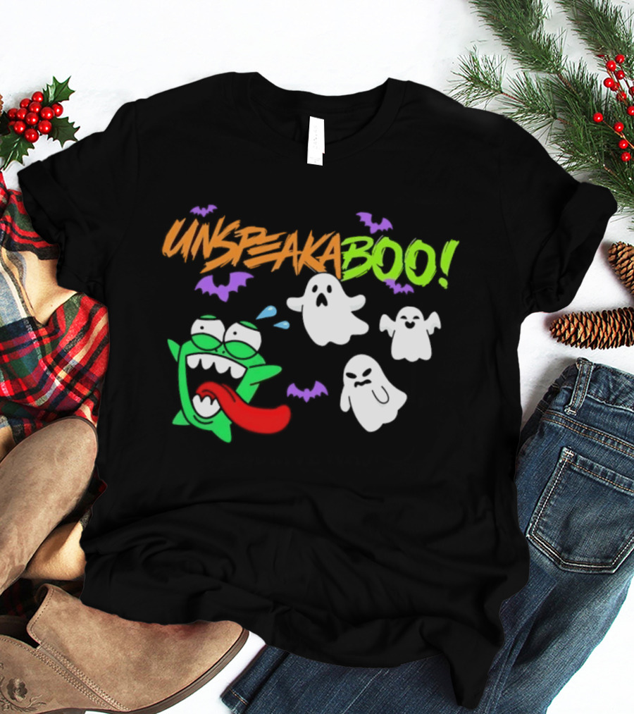 Unspeakaboo Halloween Ghosts With Green Monster And Purple Bats T-Shirt