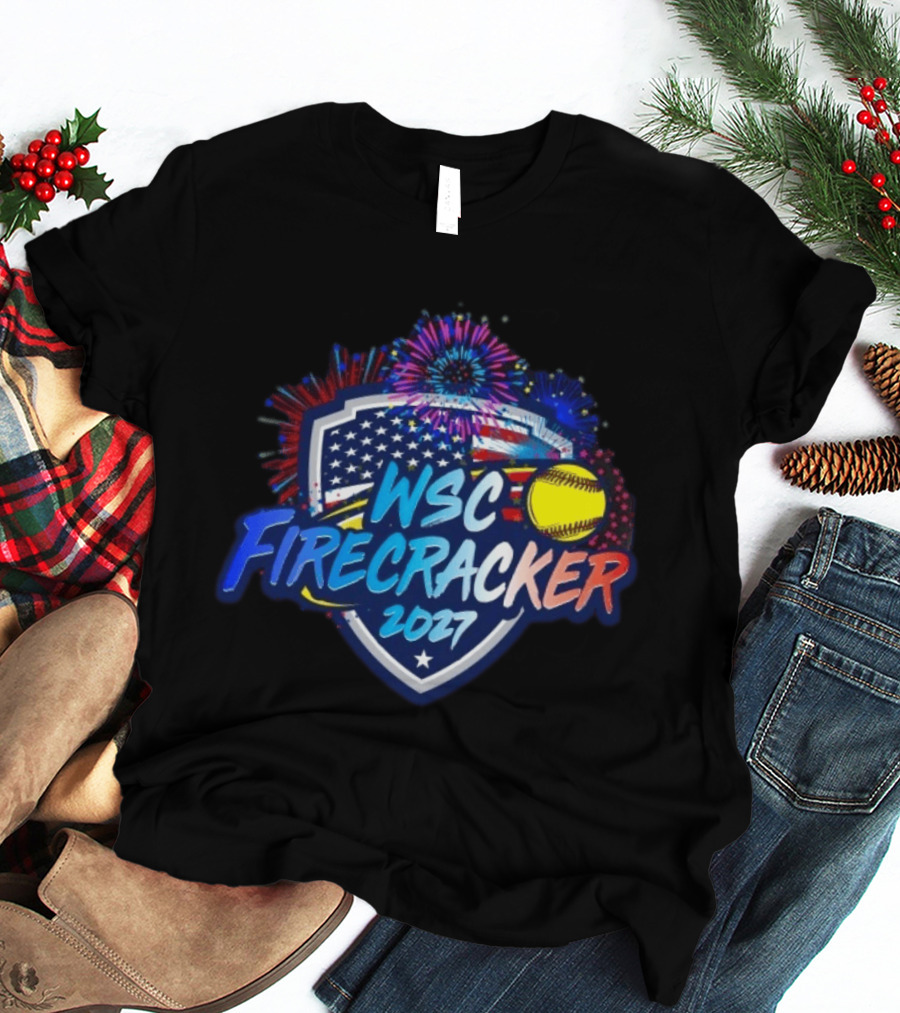 WSC Firecracker 2027 Softball Patriotic Shield Fireworks Yellow Ball Stars T-Shirt