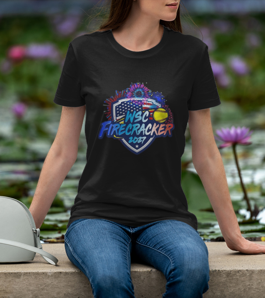 WSC Firecracker 2027 Softball Patriotic Shield Fireworks Yellow Ball Stars T-Shirt