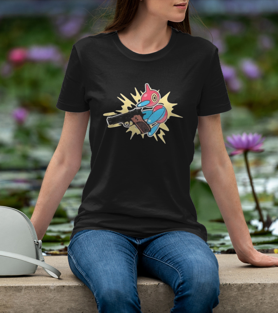 Porygon Z Holding Gun Pokemon Character Image T-Shirt