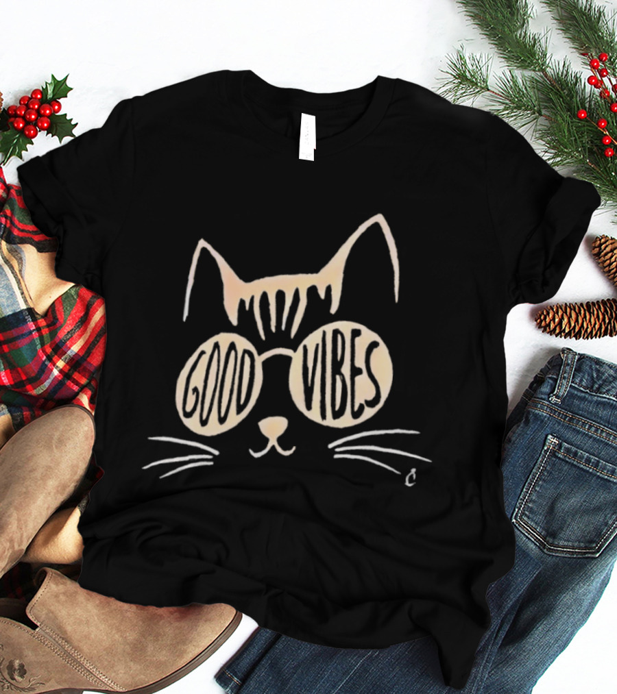 Good Vibes Cat Sunglasses Whimsical Feline T-Shirt
