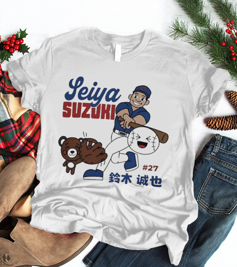 Seiya Suzuki Chicago Cubs Cartoon Player Swinging Bat With Bear And Baseball #27 T-Shirt