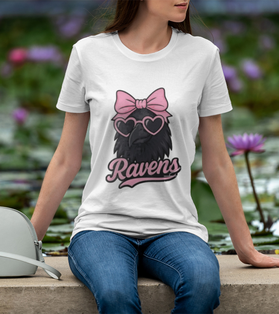Ravens Raven Pink Bow Heart Sunglasses T-Shirt