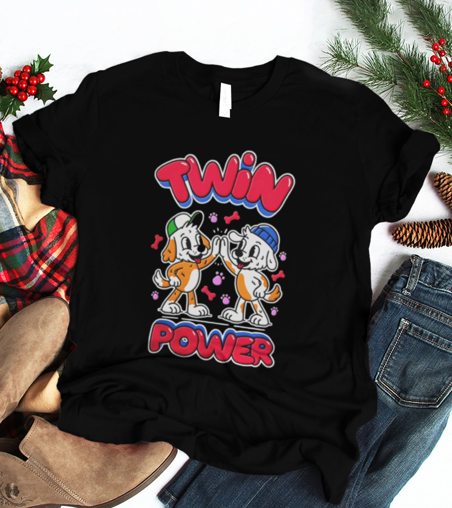 Twin Power Puppy High Five Playful Dogs T-Shirt