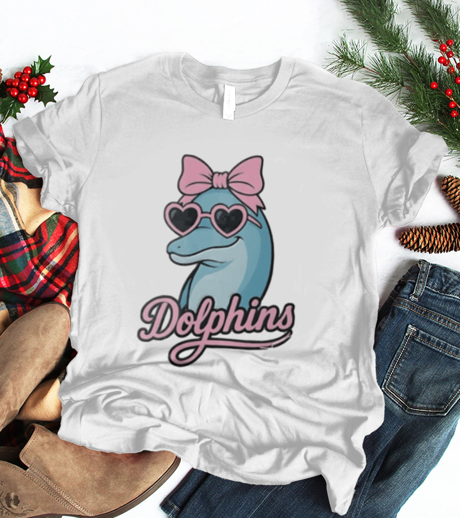 Dolphins Blue Dolphin Pink Bow Heart Sunglasses T-Shirt