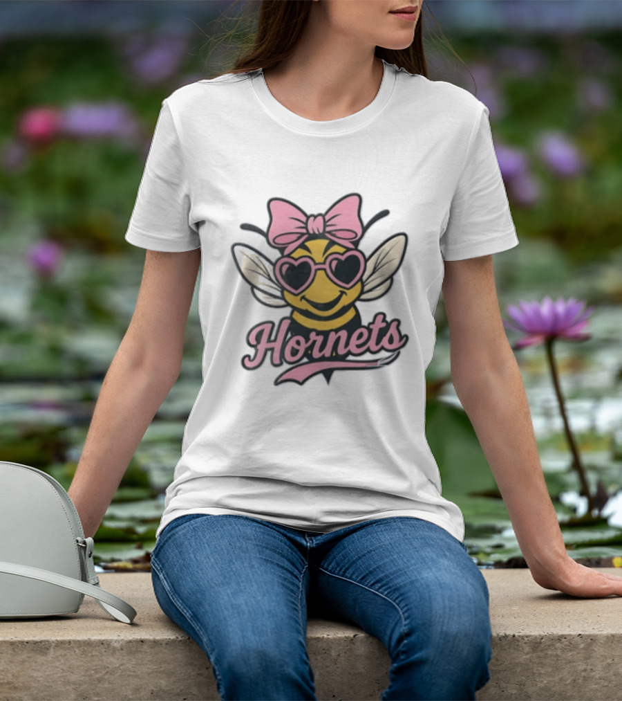 Hornets Bee Pink Bow Heart Sunglasses T-Shirt