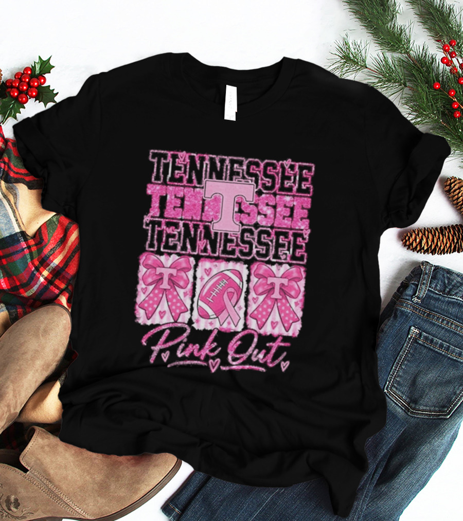Tennessee Volunteers Pink Out Breast Cancer Awareness Game Day Football Bow Ribbons T-Shirt