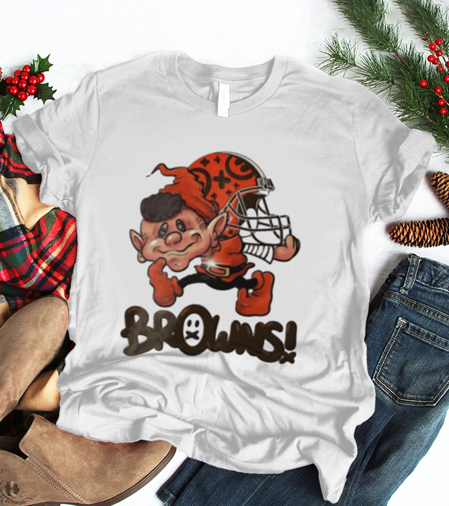Cleveland Browns Elf Holding Football Helmet Browns T-Shirt