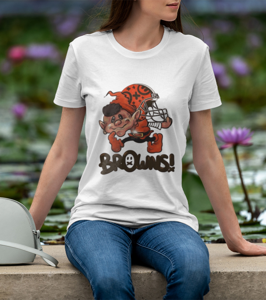 Cleveland Browns Elf Holding Football Helmet Browns T-Shirt