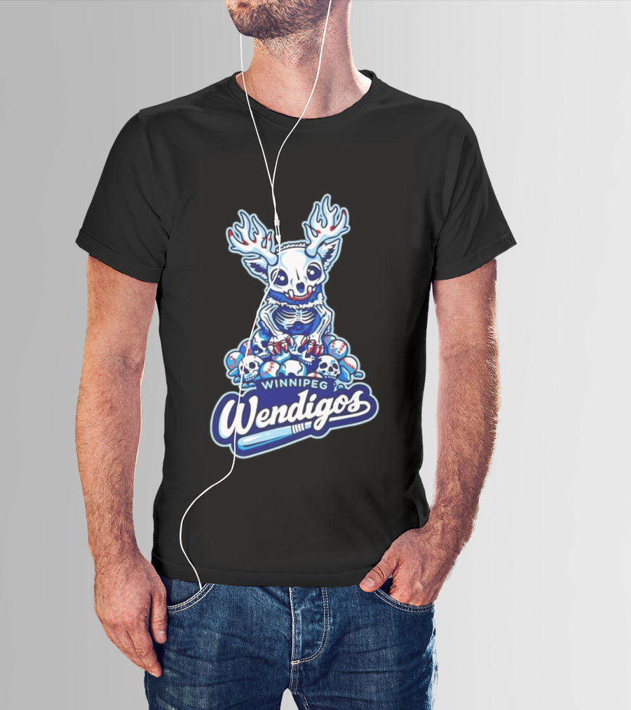 Winnipeg Wendigos Baseball Skull With Antlers And Blue Bats T-Shirt