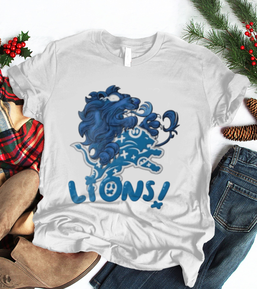 Detroit Lions Blue Lion Roaring Mascot With Playful Lettering T-Shirt