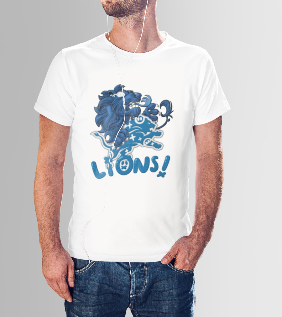 Detroit Lions Blue Lion Roaring Mascot With Playful Lettering T-Shirt