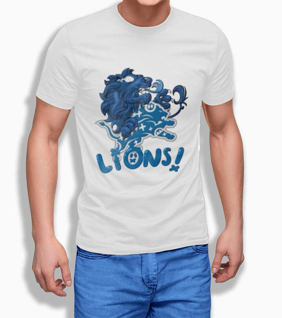 Detroit Lions Blue Lion Roaring Mascot With Playful Lettering T-Shirt
